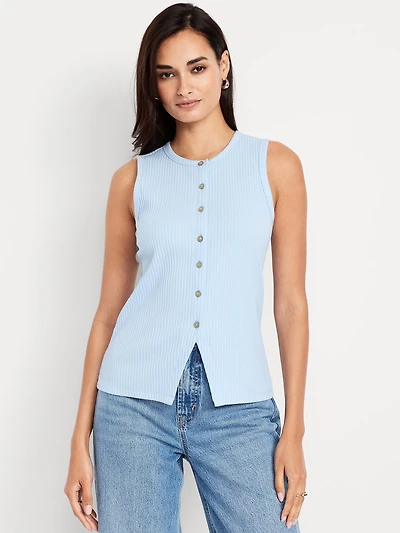 Sleeveless Button-Down Ribbed Top