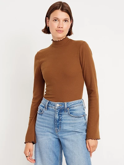 Mock-Neck Lettuce-Edge Rib Top