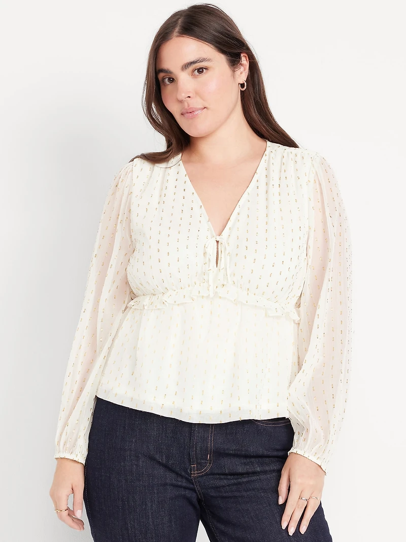 Waist-Defined Ruffle-Trim Clip-Dot Top