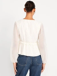 Waist-Defined Ruffle-Trim Clip-Dot Top