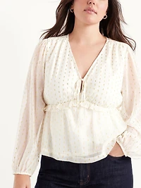 Waist-Defined Ruffle-Trim Clip-Dot Top