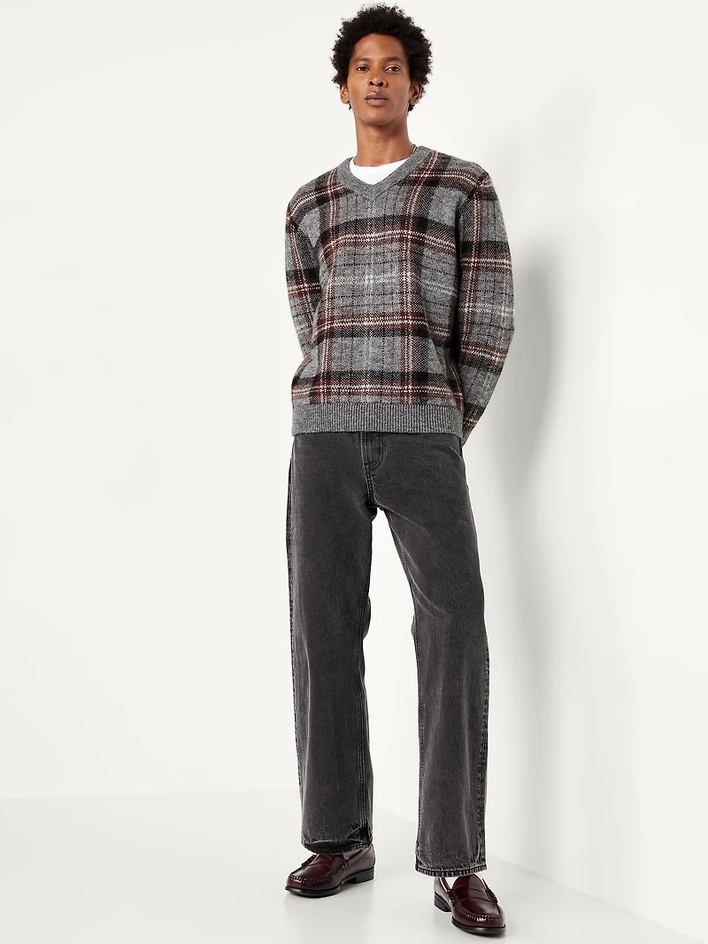 Wool-Blend V-Neck Plaid Sweater
