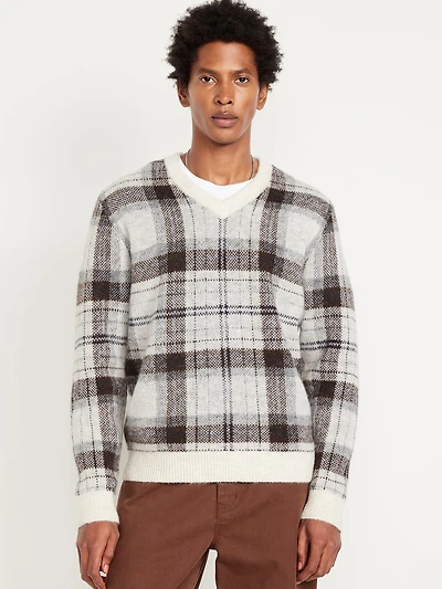 Wool-Blend V-Neck Plaid Sweater