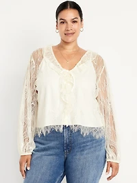 Long-Sleeve Lace V-Neck Lined Top