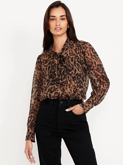 Long-Sleeve Tie-Neck Chiffon Top