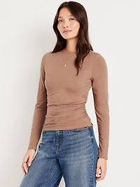 Long-Sleeve Slit-Neck Ruched Top