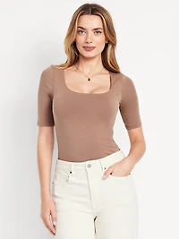 Fitted Double-Layer Elbow-Sleeve Scoop-Neck Top