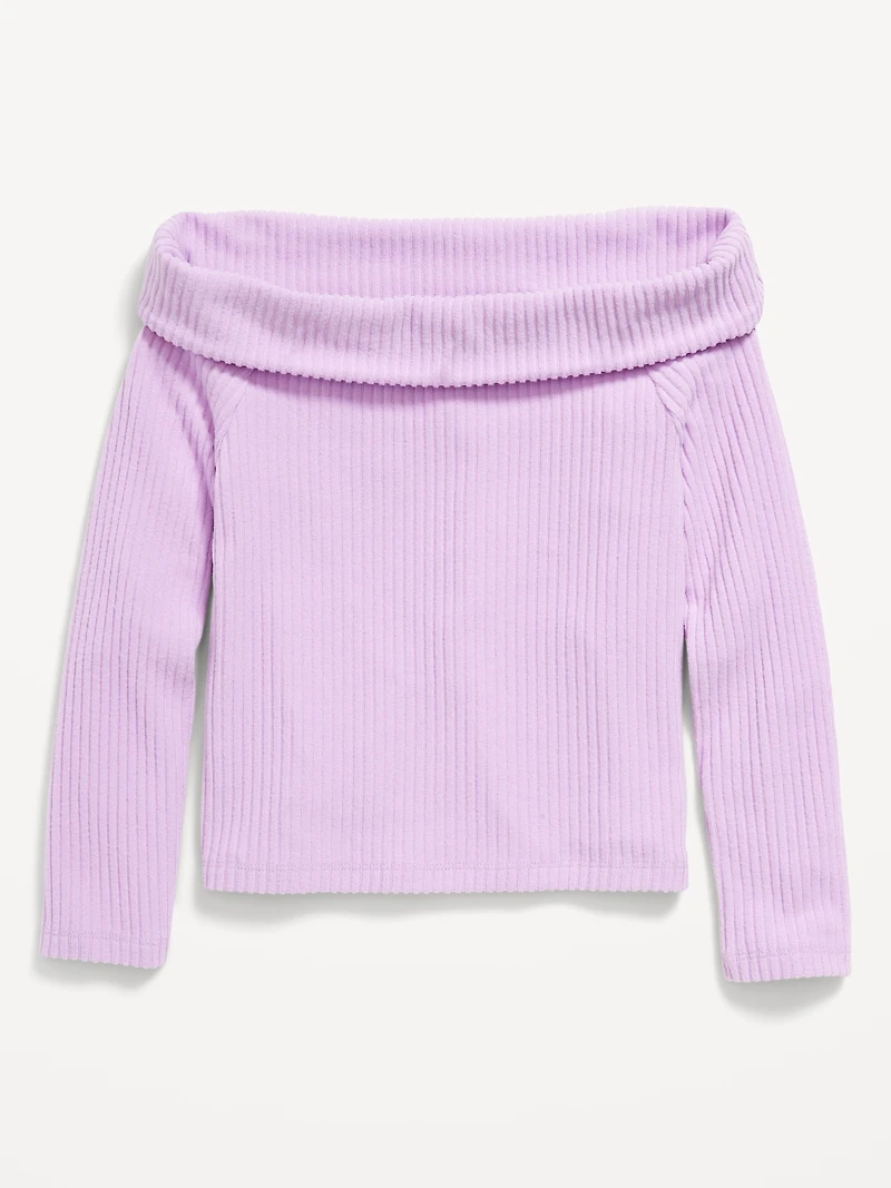 CozePlush Off-Shoulder Long-Sleeve Ribbed Top for Girls
