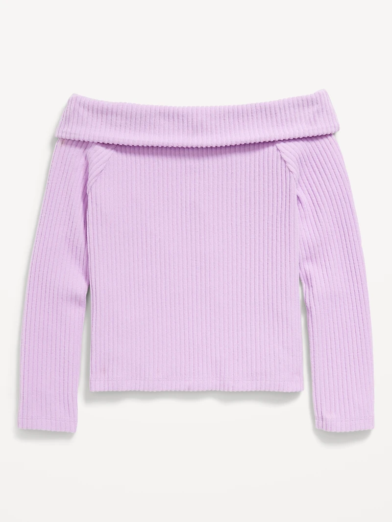CozePlush Off-Shoulder Long-Sleeve Ribbed Top for Girls