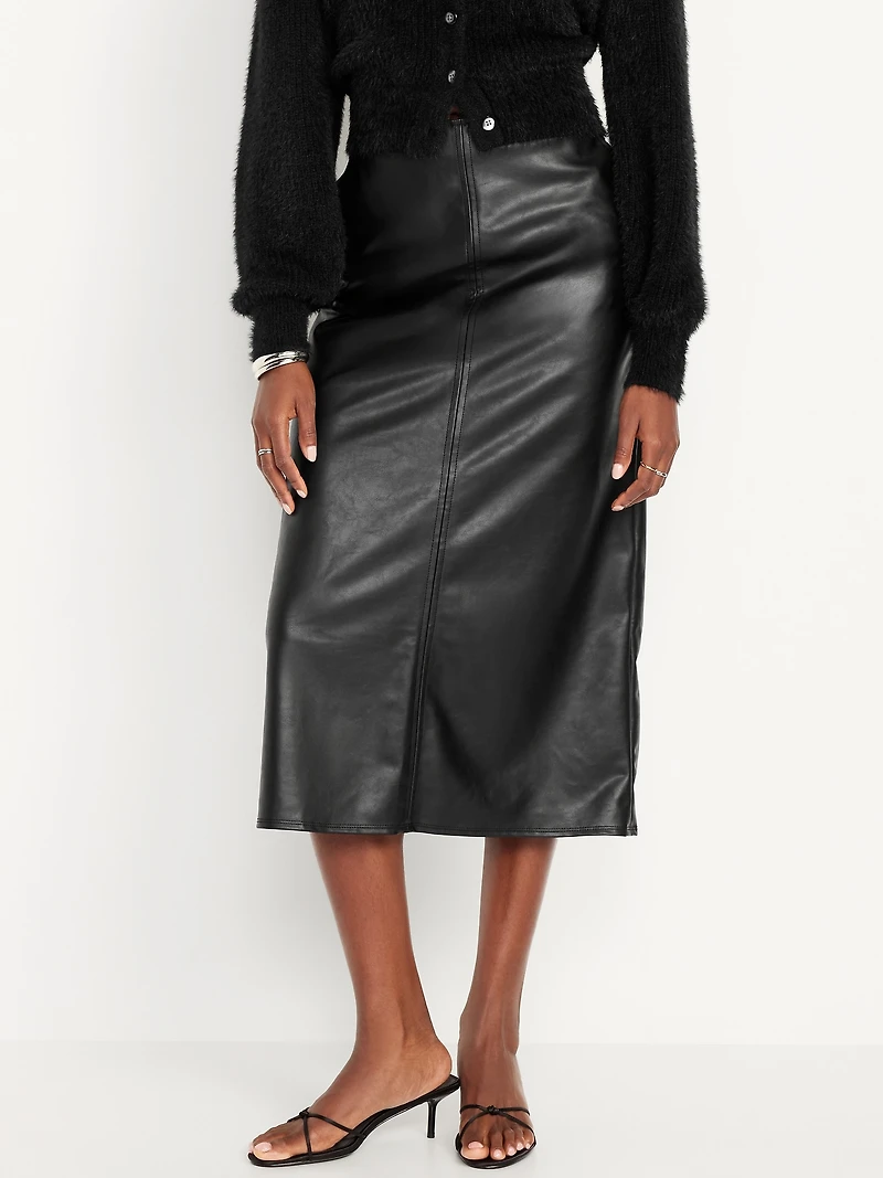 High-Waisted Faux-Leather Midi Skirt