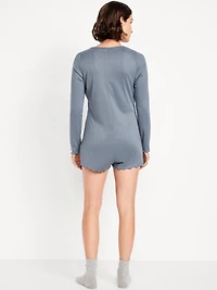 Long-Sleeve Pointelle Henley Pajama Romper