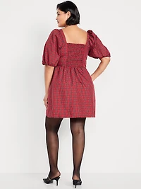 Puff-Sleeve Plaid Fit & Flare Taffeta Mini Dress