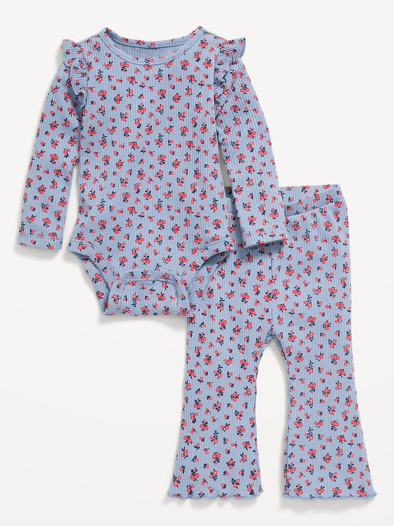 Printed Ribbed Ruffle-Trim Bodysuit and Pants Set for Baby
