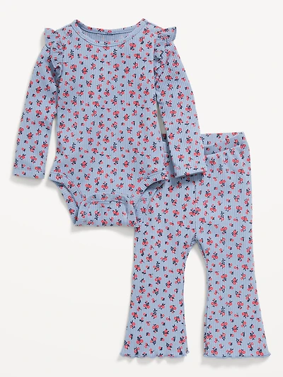 Printed Ribbed Ruffle-Trim Bodysuit and Pants Set for Baby