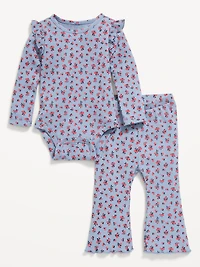 Printed Ribbed Ruffle-Trim Bodysuit and Pants Set for Baby
