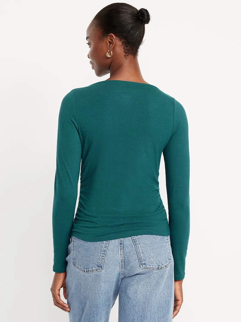 Long-Sleeve Slit-Neck Ruched Top