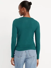 Long-Sleeve Slit-Neck Ruched Top