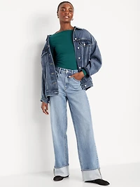 Long-Sleeve Slit-Neck Ruched Top