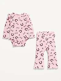 Printed Ribbed Ruffle-Trim Bodysuit and Pants Set for Baby