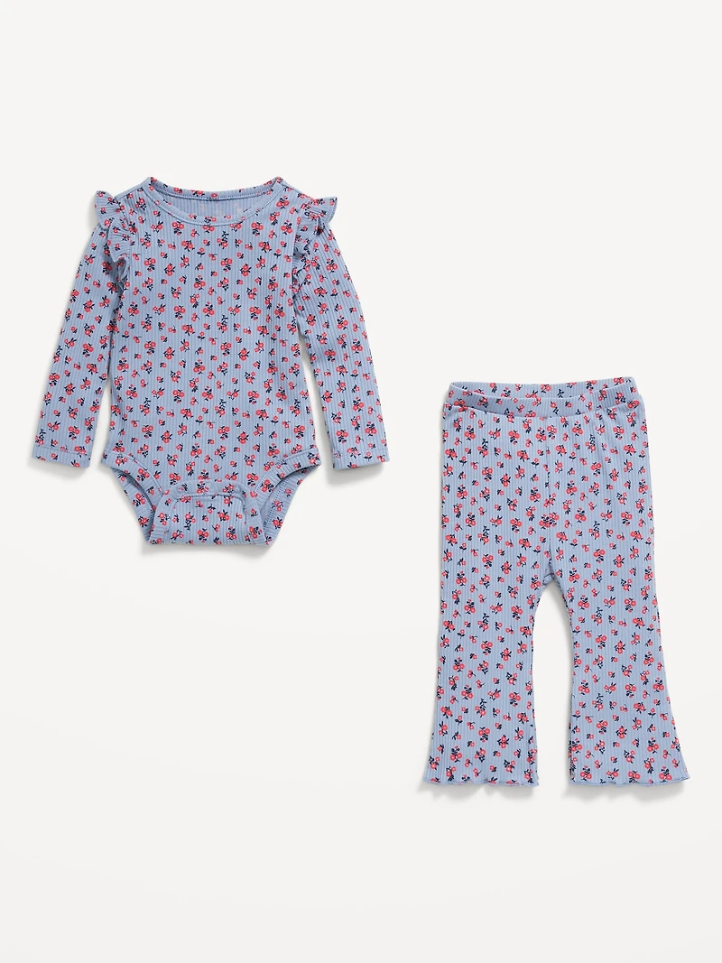 Printed Ribbed Ruffle-Trim Bodysuit and Pants Set for Baby