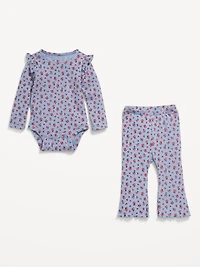 Printed Ribbed Ruffle-Trim Bodysuit and Pants Set for Baby