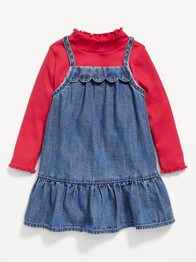 Mock-Neck Ribbed T-Shirt and Tiered Chambray Dress Set for Baby