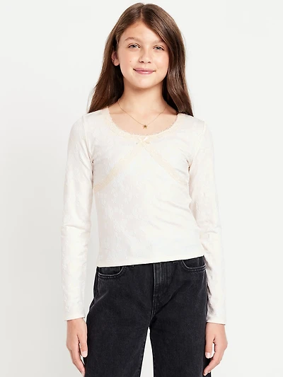 Fitted Long-Sleeve Lace-Trim Top for Girls