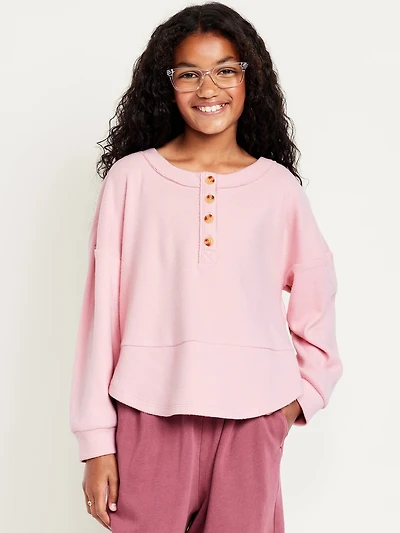 CozePlush Oversized Thermal-Knit Henley Top for Girls