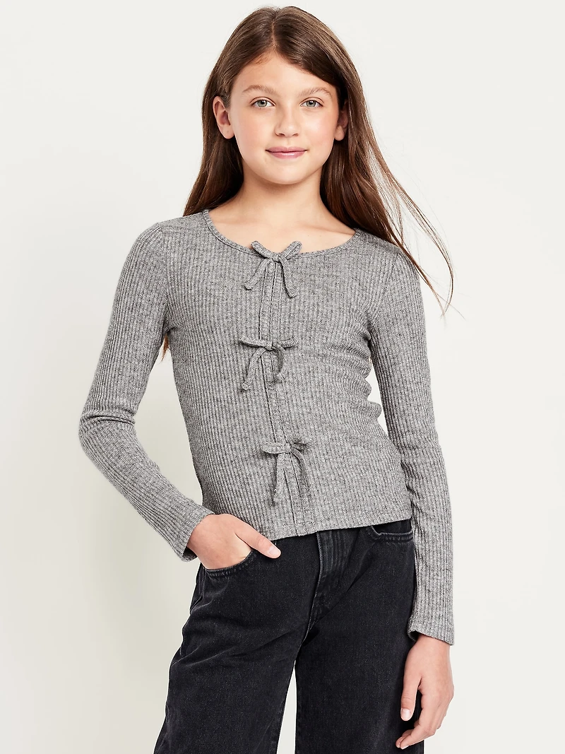 Fitted Long-Sleeve Ribbed Bow-Tie Top for Girls