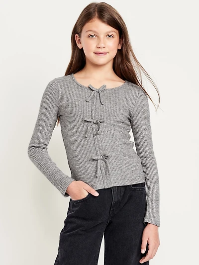 Fitted Long-Sleeve Ribbed Bow-Tie Top for Girls