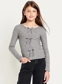 Fitted Long-Sleeve Ribbed Bow-Tie Top for Girls