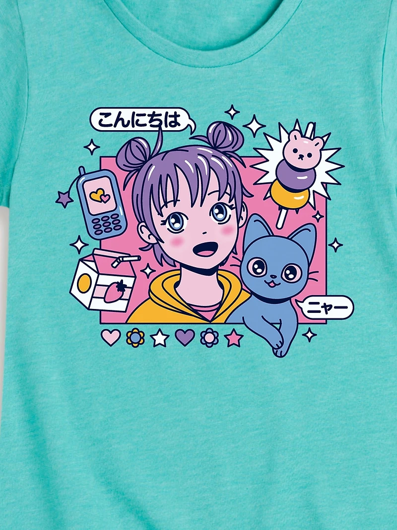 Anime Girl And Cat Fitted Short Sleeve T-Shirt For Girls