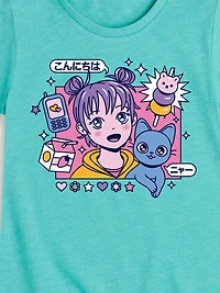 Anime Girl And Cat Fitted Short Sleeve T-Shirt For Girls