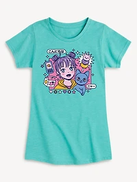 Anime Girl And Cat Fitted Short Sleeve T-Shirt For Girls