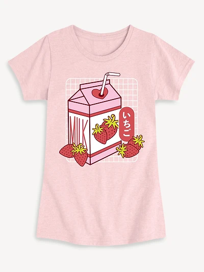 Kawaii Strawberry Milk Fitted Short Sleeve T-Shirt For Girls