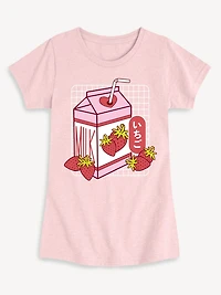Kawaii Strawberry Milk Fitted Short Sleeve T-Shirt For Girls