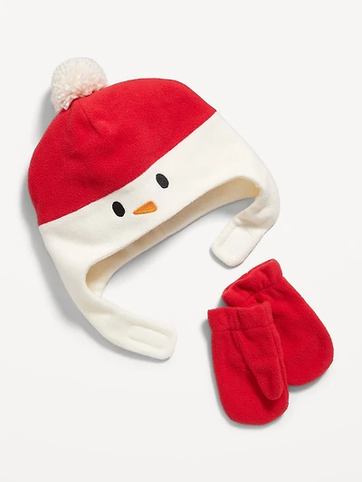 Unisex Snowman Trapper Hat and Mittens Set for Toddler