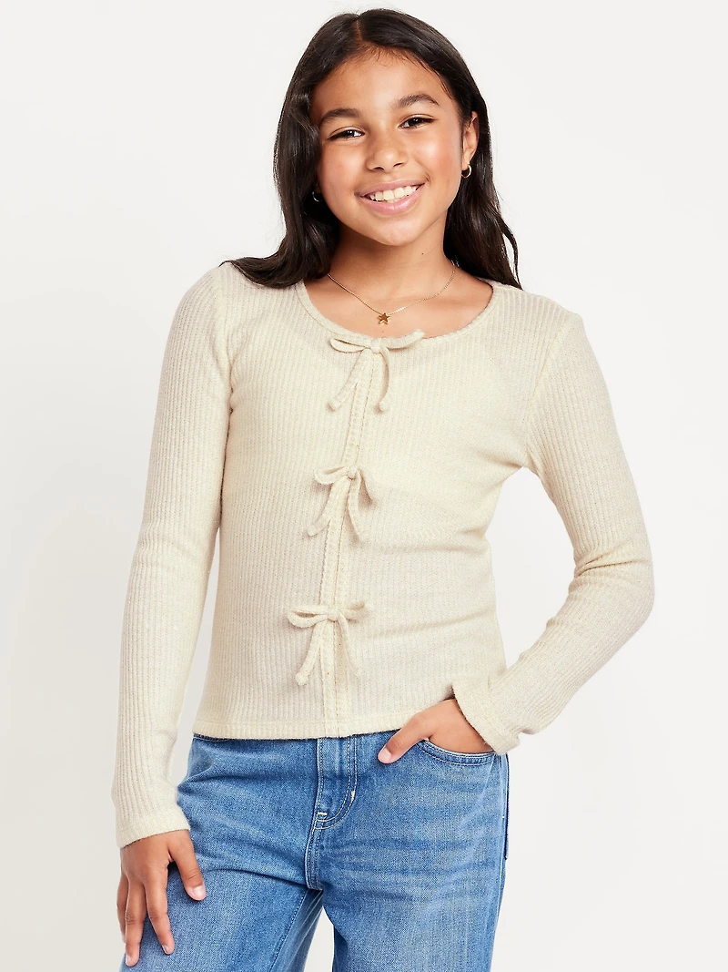 Fitted Long-Sleeve Ribbed Bow-Tie Top for Girls