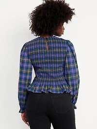 Long-Sleeve Plaid Smocked Top
