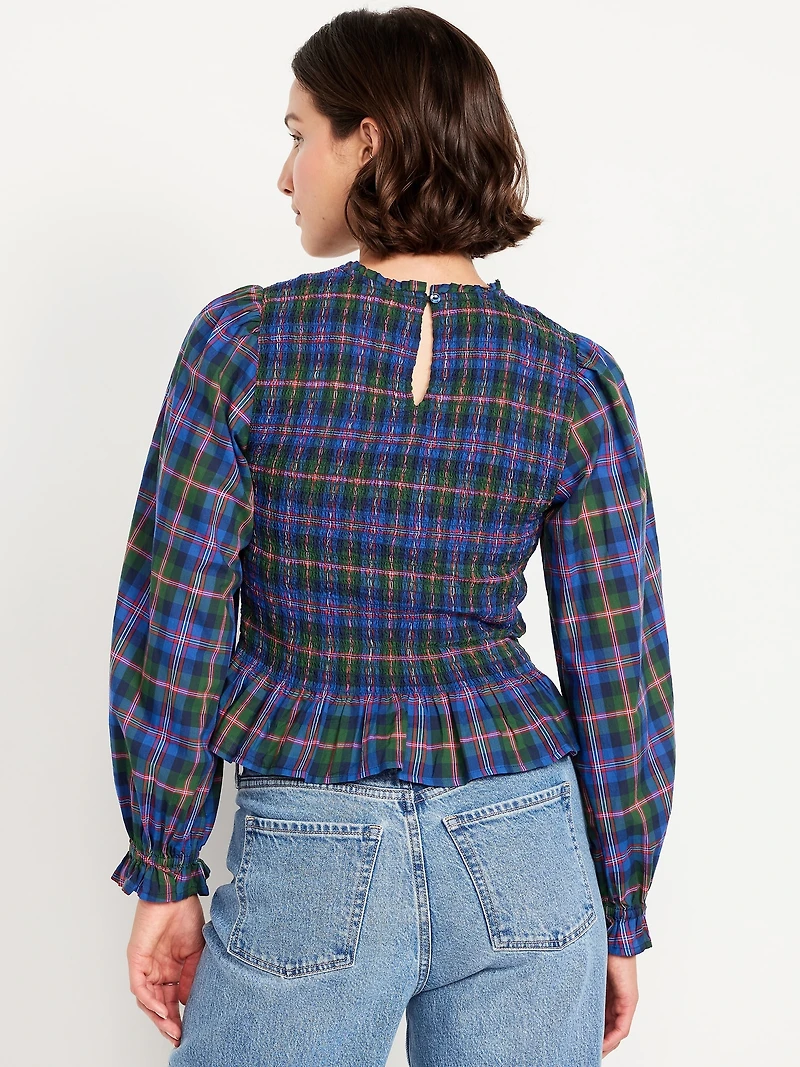 Long-Sleeve Plaid Smocked Top