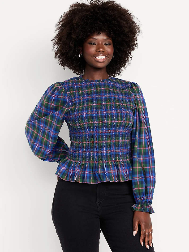 Long-Sleeve Plaid Smocked Top