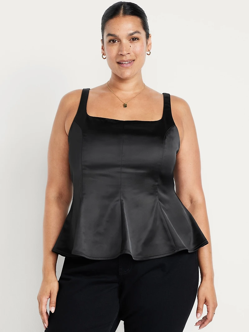Square-Neck Satin Peplum Top
