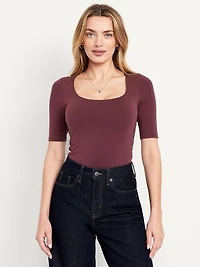Fitted Double-Layer Elbow-Sleeve Scoop-Neck Top
