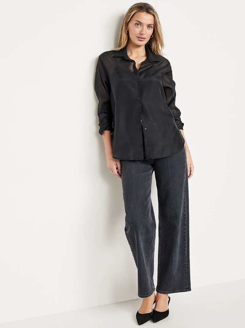 Loose Button-Down Organza Tunic Shirt