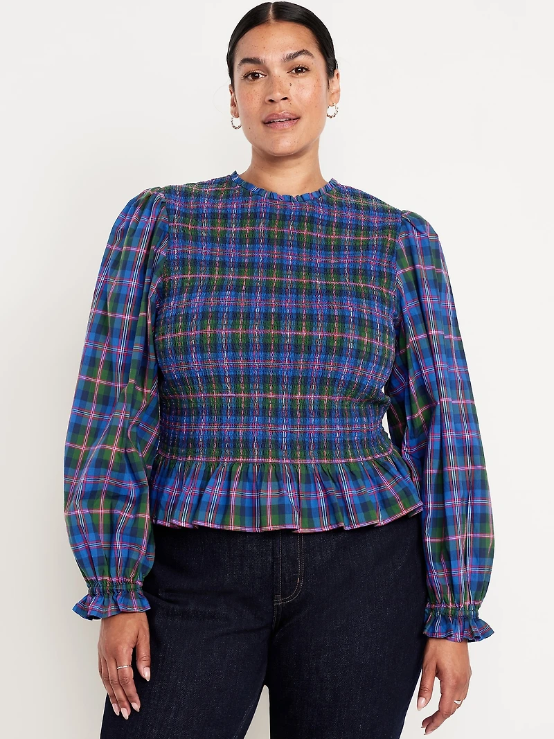Long-Sleeve Plaid Smocked Top