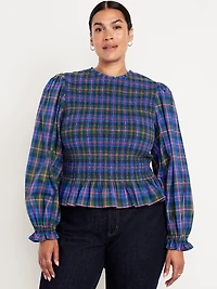 Long-Sleeve Plaid Smocked Top
