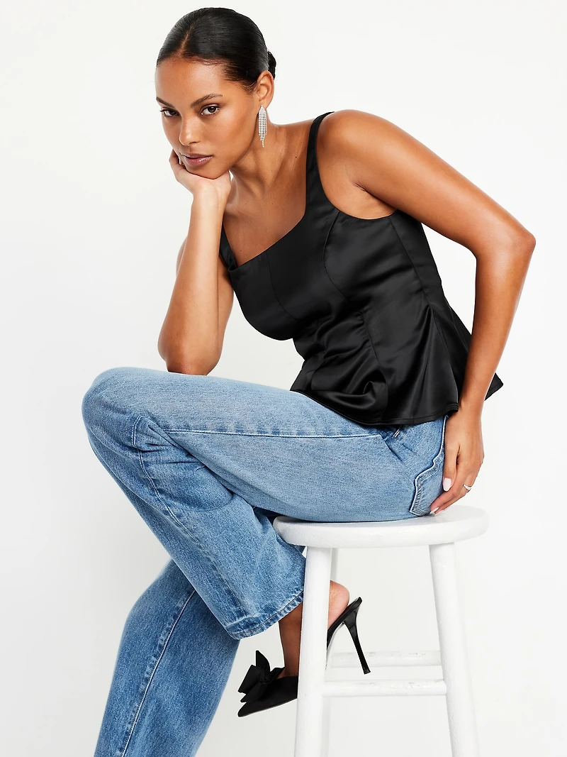 Square-Neck Satin Peplum Top