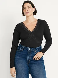 Lace-Trim V-Neck Ribbed Top