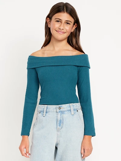 CozePlush Off-Shoulder Long-Sleeve Ribbed Top for Girls