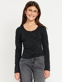 Fitted Long-Sleeve Lace-Trim Top for Girls